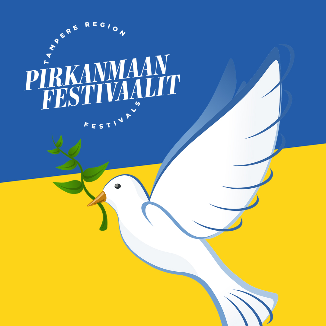 Piirroskuva valkoisesta kyyhkysestä kantamassa oliivipuun oksaa nokassaan. Vasemmassa yläkulmassa Pirkanmaan festivaalit -yhdistyksen logo, taustalla Ukrainan lipun värit sininen ja keltainen.